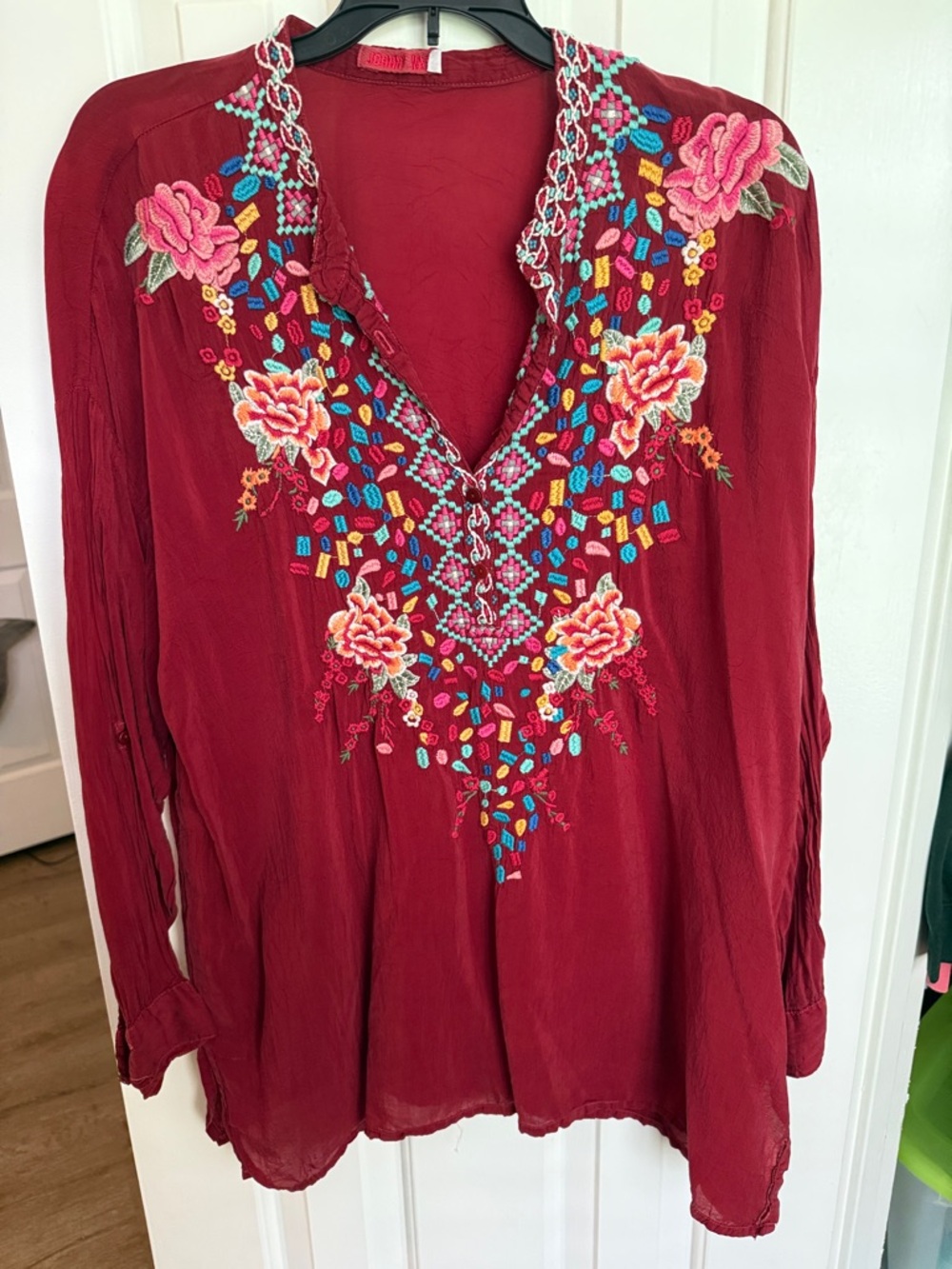 Women's Embroidered V-Neck Tunic Top - Red